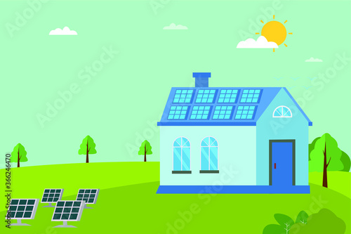 Solar powered house vector concept: solar panels generating electricity to the house