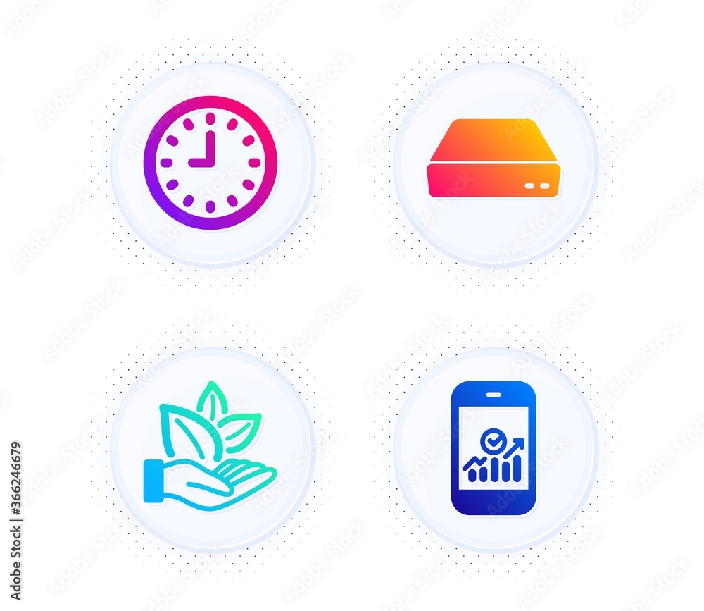 Organic product, Mini pc and Clock icons simple set. Button with halftone dots. Smartphone statistics sign. Leaf, Computer, Time or watch. Mobile business. Technology set. Vector