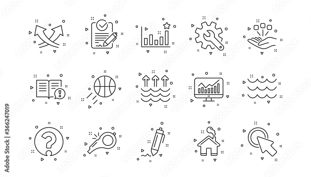 Signature, Analytics and Question mark. Waves, Whistle and Global warming line icons. Linear icon set. Geometric elements. Quality signs set. Vector Signature, Analytics and Question mark. Waves, Whistle and Global warming line icons. Linear icon set. Geometric elements. Quality signs set. Vector