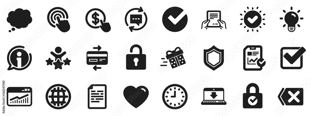 Statistics, Speech bubble and Light bulb signs. Report, Time and Globe icons. Credit card, Download report and Lock icons. Gift delivery, Check and Protection Shield. Approved check, document. Vector Statistics, Speech bubble and Light bulb signs. Report, Time and Globe icons. Credit card, Download report and Lock icons. Gift delivery, Check and Protection Shield. Approved check, document. Vector