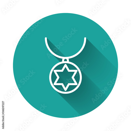 White line Star of David necklace on chain icon isolated with long shadow. Jewish religion. Symbol of Israel. Jewellery and accessory. Green circle button. Vector Illustration.