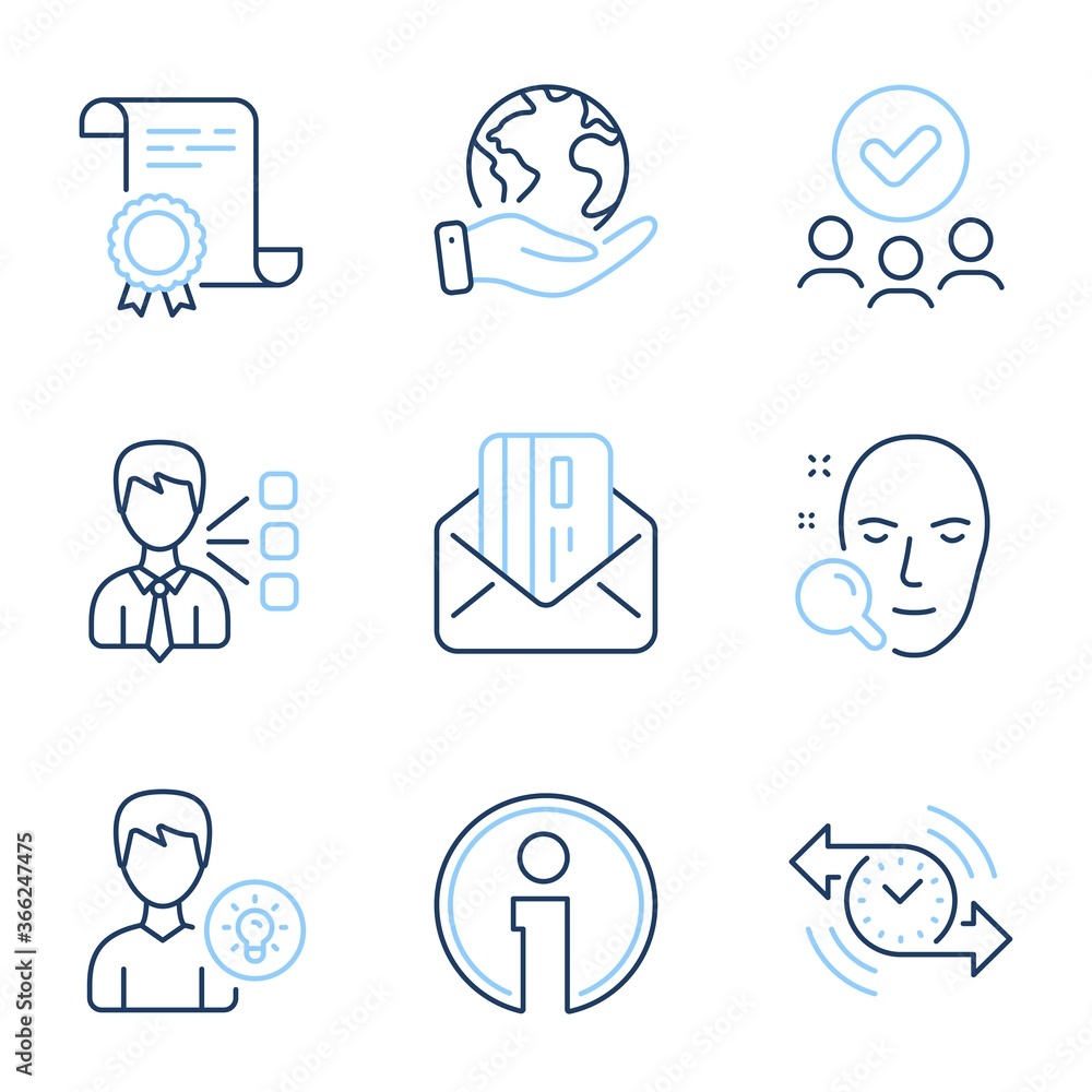 Info, Third party and Credit card line icons set. Diploma certificate, save planet, group of people. Person idea, Timer and Face search signs. Information, Team leader, Mail. Lamp energy. Vector Info, Third party and Credit card line icons set. Diploma certificate, save planet, group of people. Person idea, Timer and Face search signs. Information, Team leader, Mail. Lamp energy. Vector