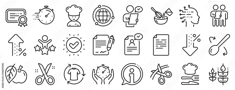 Approved application, Scissors cutting ribbon, Artificial intelligence icons. Chef hat, Customer survey, Fast delivery line icons. Percent decrease, interest rate, contract. Vector Approved application, Scissors cutting ribbon, Artificial intelligence icons. Chef hat, Customer survey, Fast delivery line icons. Percent decrease, interest rate, contract. Vector