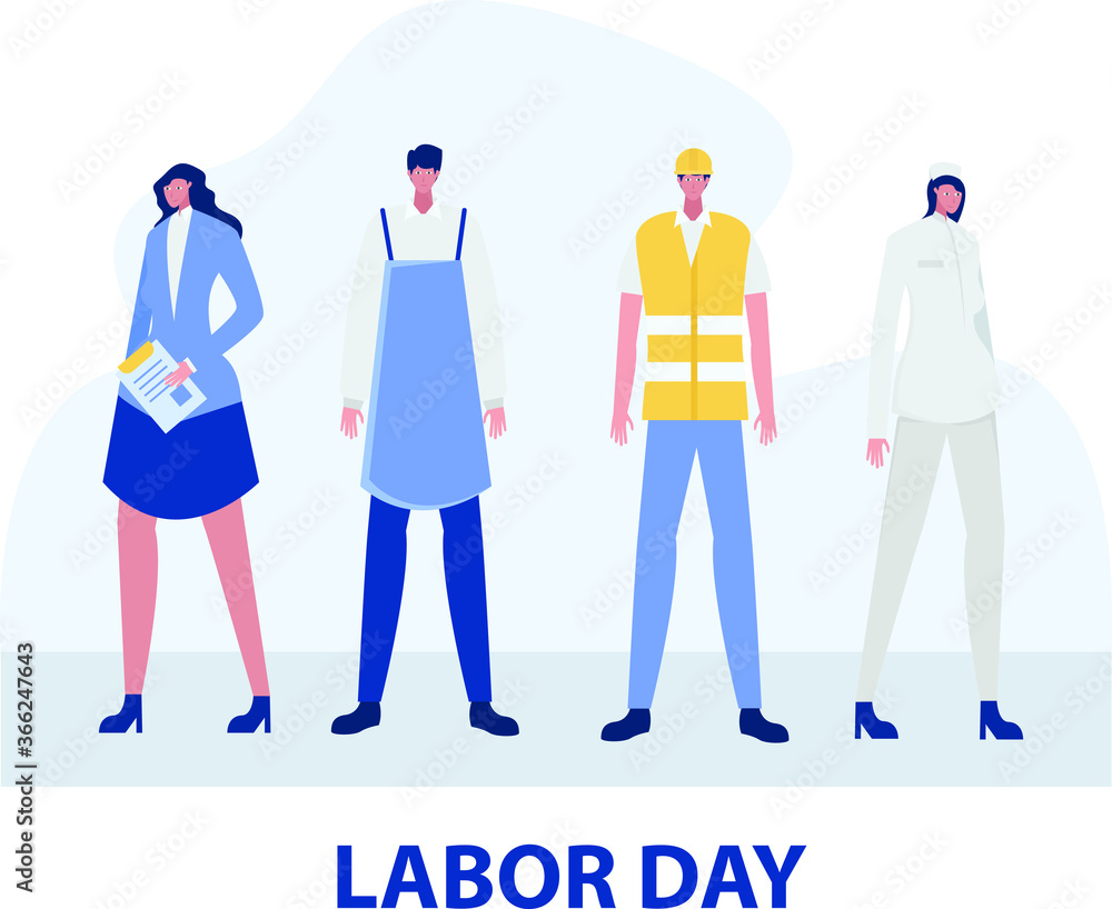 Labor Day vector concept: group of workers with various professions standing in unity Labor Day vector concept: group of workers with various professions standing in unity