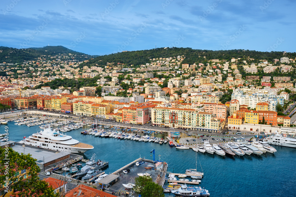 View of Old Port of Nice with luxury yacht boats from Castle Hill, France, Villefranche-sur-Mer, Nice, Cote d'Azur, French Riviera