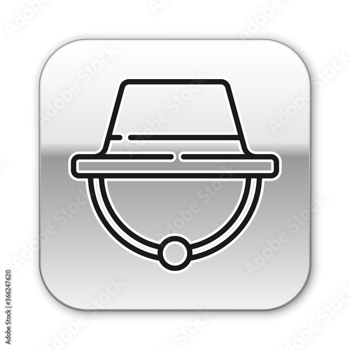 Black line Camping hat icon isolated on white background. Beach hat panama. Explorer travelers hat for hunting, hiking, tourism. Silver square button. Vector Illustration.