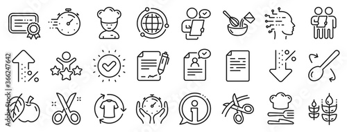 Approved application, Scissors cutting ribbon, Artificial intelligence icons. Chef hat, Customer survey, Fast delivery line icons. Percent decrease, interest rate, contract. Vector