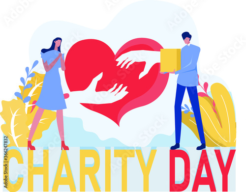 Charity Day vector concept: man giving donation in front of the heart holding hands icon