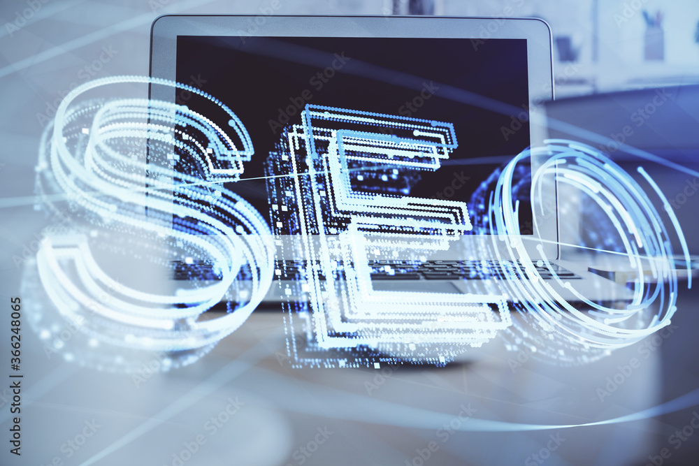 Multi exposure of table with computer and seo drawing hologram. Search optimization concept. Multi exposure of table with computer and seo drawing hologram. Search optimization concept.