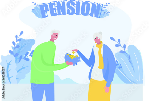 Pension fund withdrawal vector concept: portrait of elderly couple putting a coin to the cracked piggy bank