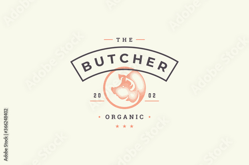 Hand drawn logo pig head silhouette and modern vintage typography retro style vector illustration