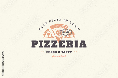 Hand drawn logo pizza slice silhouette and modern vintage typography retro style vector illustration