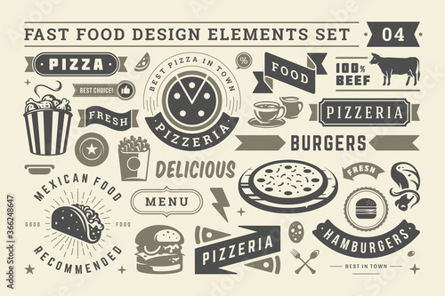 Fast food and street signs and symbols with retro typographic design elements vector set for restaurant menu decoration