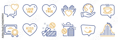 Set of Holidays icons, such as Love her, Yummy smile. Certificate, save planet. Be true, Coffee, Hold heart. Kiss me, Heart, Shopping bags. Roller coaster, Sale line icons. Vector