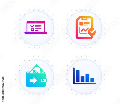 Web lectures, Report checklist and Wallet icons simple set. Button with halftone dots. Histogram sign. Online test, Sales growth file, Money payment. Economic trend. Education set. Vector © blankstock