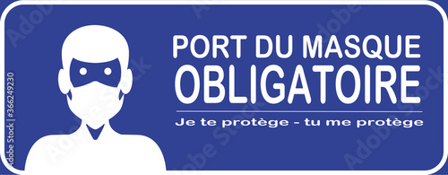 affiche pour le port du masque obligatoire en blanc avec un être humain portant un masque sur un fond bleu 
