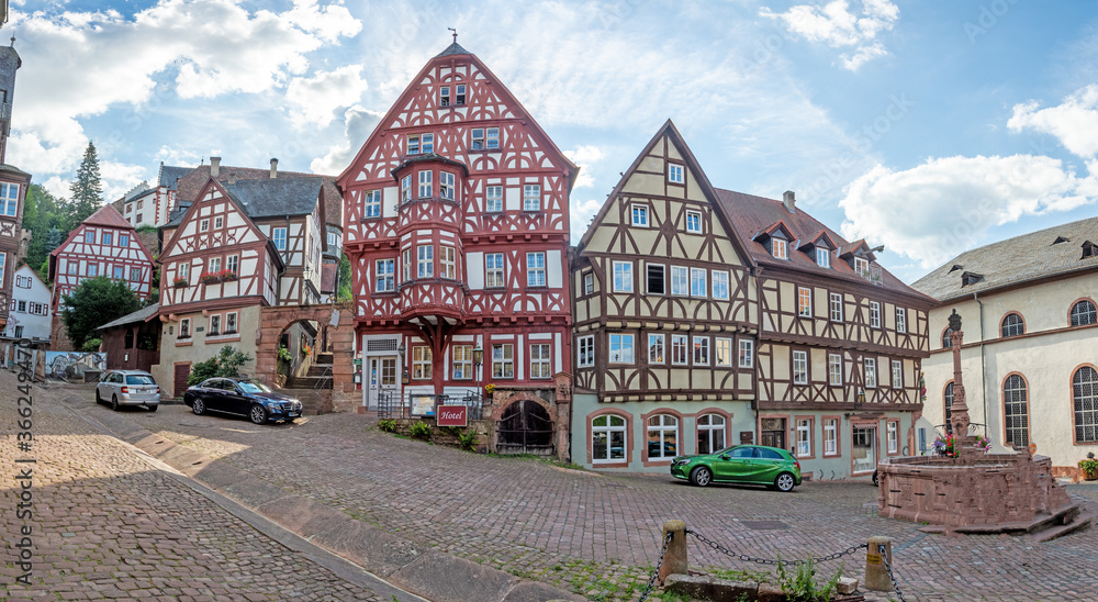 Historic half-timber facade in the medieval German city of Miltenberg during daytime