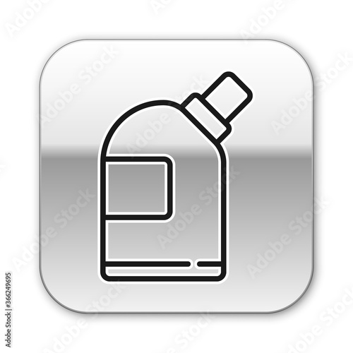Black line Plastic bottles for laundry detergent, bleach, dishwashing liquid or another cleaning agent icon isolated on white background. Silver square button. Vector Illustration.
