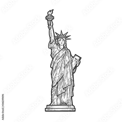 Statue of Liberty in New York sketch engraving vector illustration. T-shirt apparel print design. Scratch board imitation. Black and white hand drawn image.