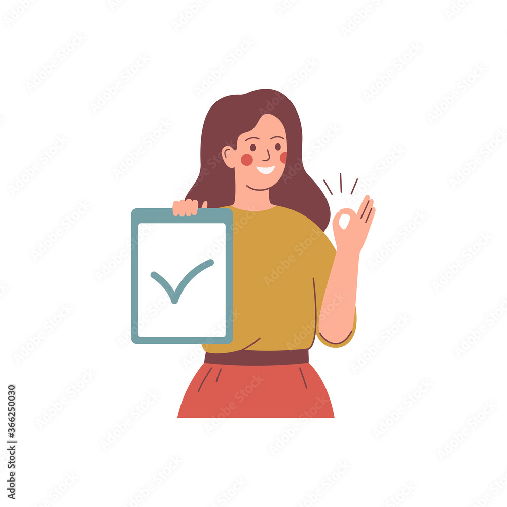 Young woman holds a placard with accept mark and raises her hand with sign ok. Presentation concept. Human character vector illustration.