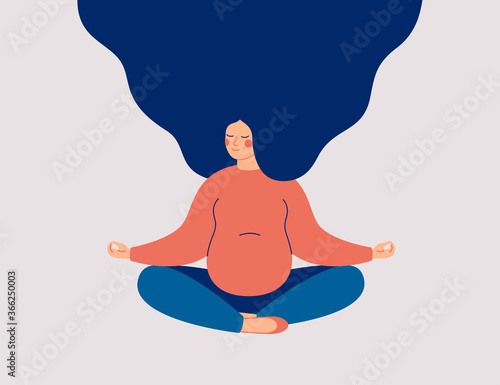 Pregnant woman sits with cross-legged on the floor and meditates with closed eyes. Young woman expecting a baby makes morning yoga, relaxes at home or breathing exercises. Health care vector concept