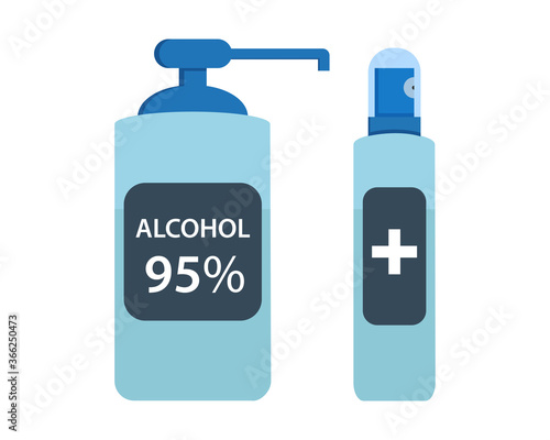 Alcohol liquid antiseptic. Pump and spray bottle. Medical disinfectant solution. 95% ethanol. Health care concept. Flat isolated illustration.