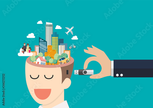 Businessman hand holding usb flash drive to connect other businessman with head full of dreams