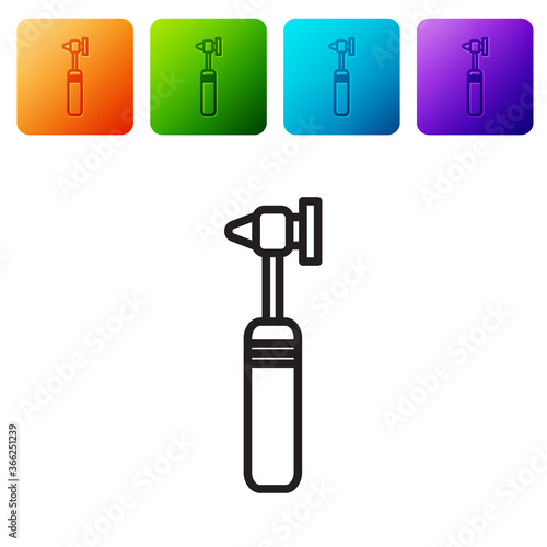Black line Medical otoscope tool icon isolated on white background. Medical instrument. Set icons in color square buttons. Vector Illustration.