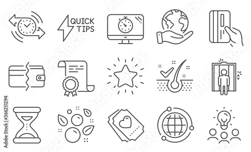 Fototapeta Naklejka Na Ścianę i Meble -  Set of Business icons, such as Timer, Love ticket. Diploma, ideas, save planet. Payment methods, Elevator, Anti-dandruff flakes. Quickstart guide, Clean bubbles, Rank star. Vector