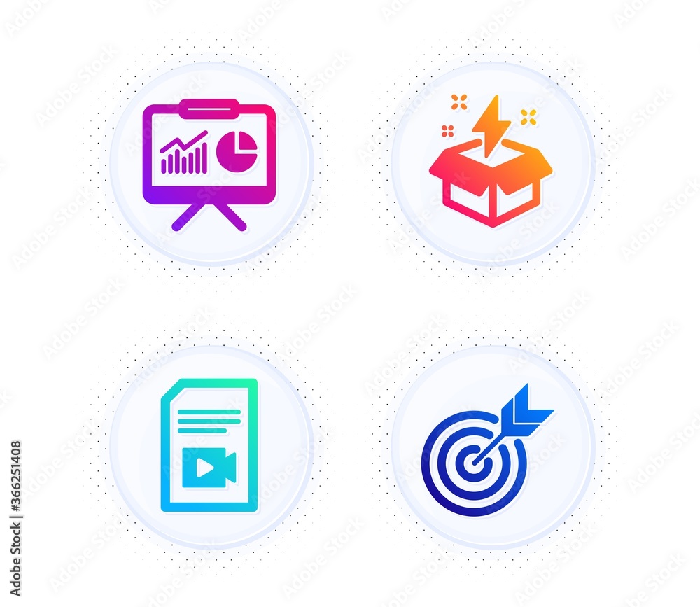 Video file, Presentation and Creative idea icons simple set. Button with halftone dots. Target sign. Vlog page, Board with charts, Lightning. Targeting. Education set. Vector