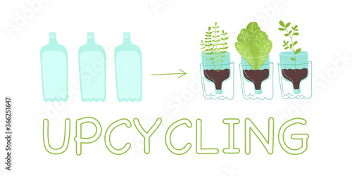 Green plants in pots created from plastic bottles. Zero waste, upcycling, reuse of utilized, Potting creation. Vertical gardening concept. Colourful vector illustration isolated on white background