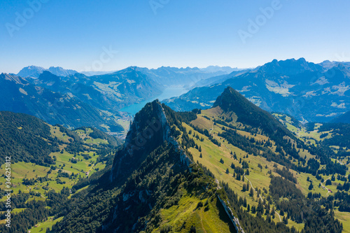 Drone photo of beautiful mountain landscape in the alps during summer afternoon