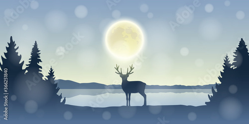 lonely reindeer in snowy winter forest at full moon by the lake vector illustration EPS10