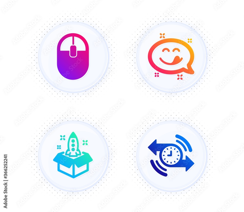 Computer mouse, Startup and Yummy smile icons simple set. Button with halftone dots. Timer sign. Pc equipment, Innovation, Emoticon. Stopwatch. Technology set. Vector