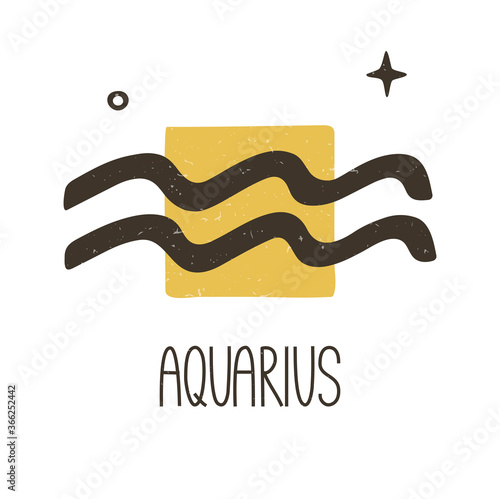 Cute aquarius zodiac sign. Two-color caption astrology sign on a transparent background. Vector shabby hand drawn illustration