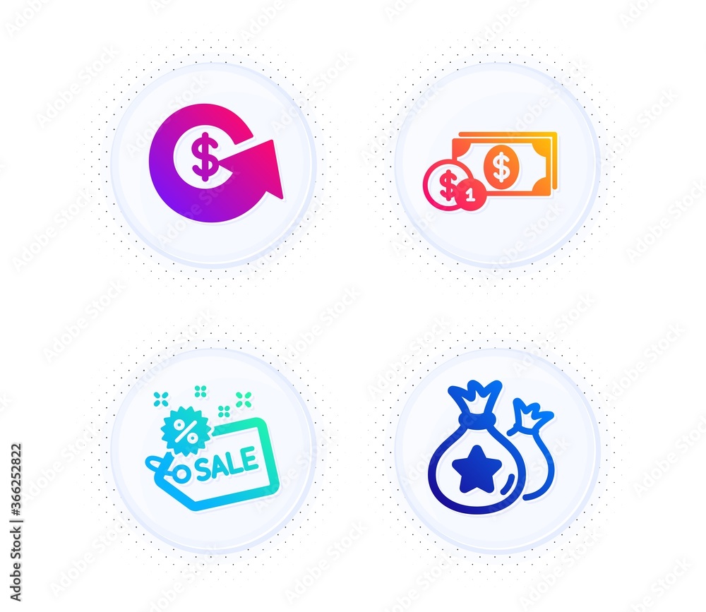 Sale, Dollar exchange and Dollar money icons simple set. Button with halftone dots. Loyalty points sign. Shopping tag, Money refund, Cash with coins. Finance set. Gradient flat sale icon. Vector