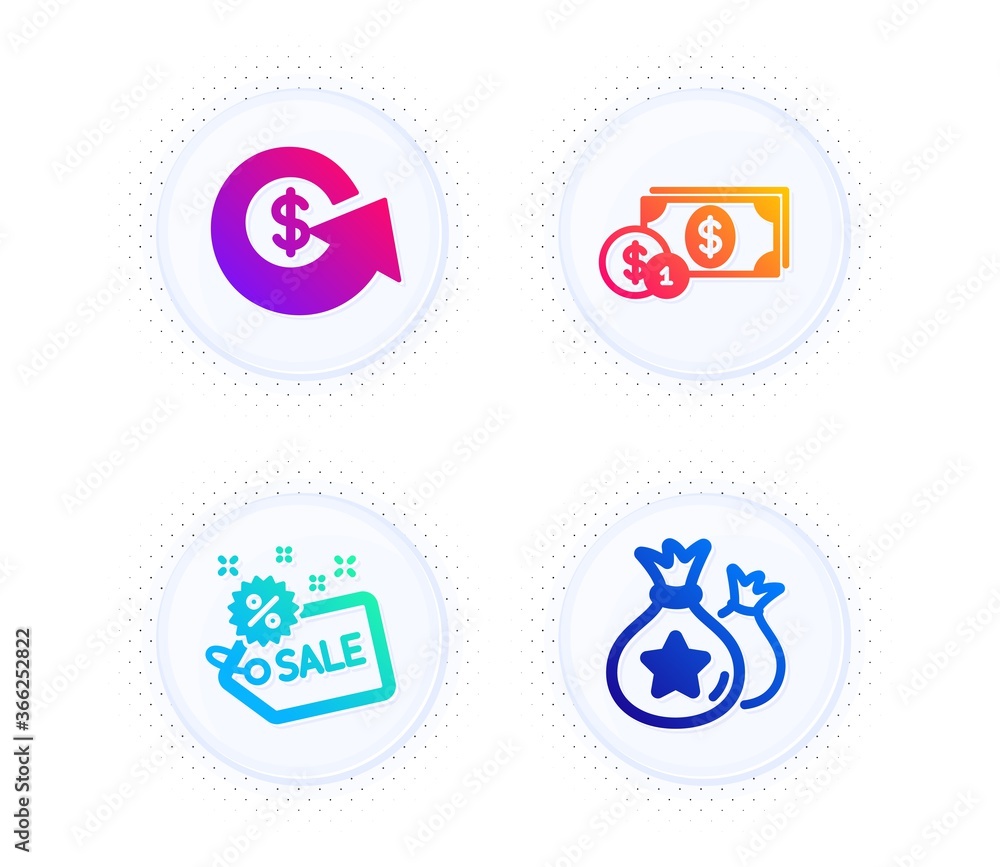 Sale, Dollar exchange and Dollar money icons simple set. Button with halftone dots. Loyalty points sign. Shopping tag, Money refund, Cash with coins. Finance set. Gradient flat sale icon. Vector Sale, Dollar exchange and Dollar money icons simple set. Button with halftone dots. Loyalty points sign. Shopping tag, Money refund, Cash with coins. Finance set. Gradient flat sale icon. Vector