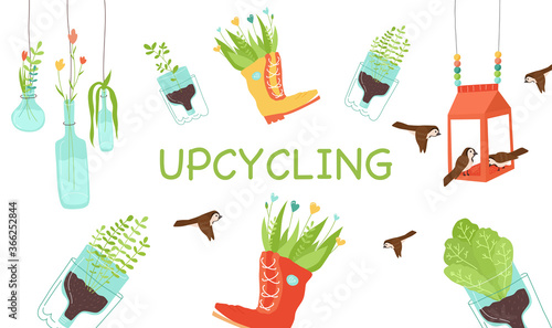 Zero waste, upcycling craft ideas, reuse of utilized. Green plants in pots from plastic bottles and boots, glass vase with flowers, carton bird feeder from milk or juice package. Vector illustration