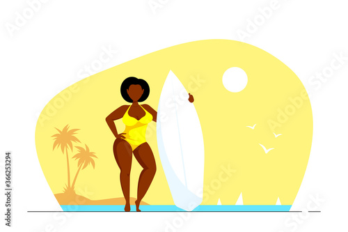 Attractive woman plus size holding a surfboard