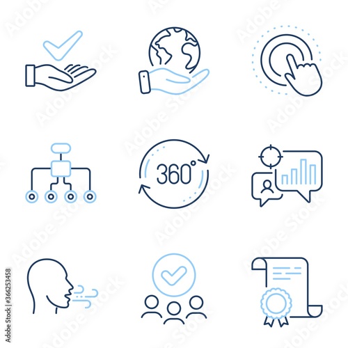 Full rotation, Seo statistics and Click hand line icons set. Diploma certificate, save planet, group of people. Dermatologically tested, Restructuring and Breathing exercise signs. Vector