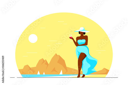 Attractive plus size woman walking at the beach with glass of wine.
