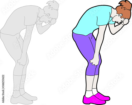 Vector drawing of a female tired runner. Sportswoman taking a bow, touching her forehead.