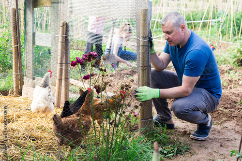 Positive farmer builds chicken coop fence on farm