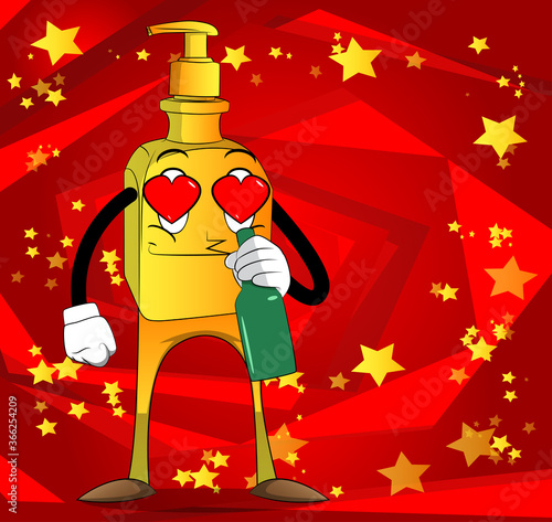 Bottle of hand sanitizer gel with face holding a bottle. Liquid soap for hygiene, virus protection. Vector Cartoon illustration.