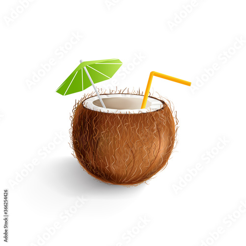 Hand drawn vector coconut drink with a decorative umbrella and a drinking straw. Isolated