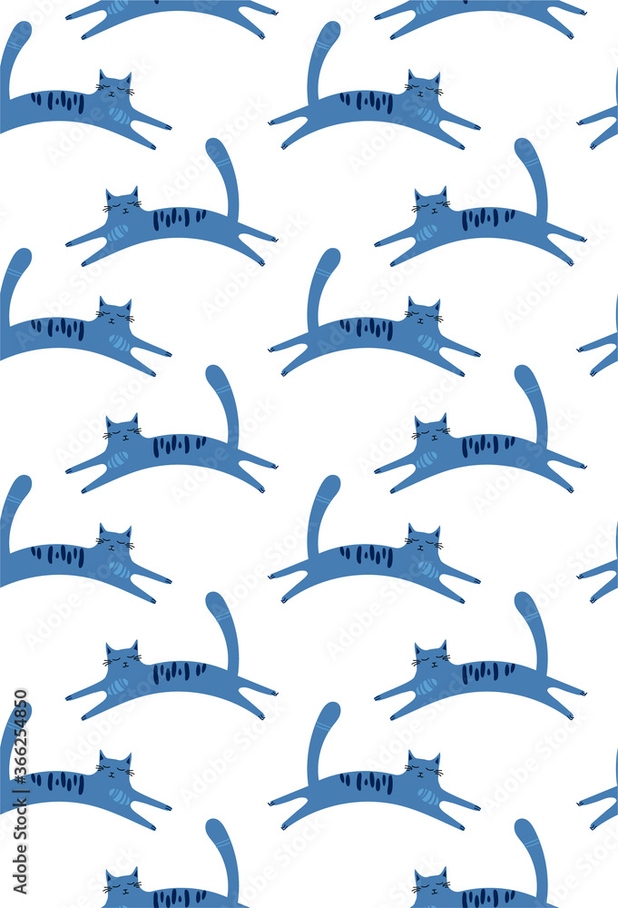 Cat in flight funny seamless print with blue cats. Vector pattern of kittens, drawn in vector in doodle style. For print, factory textiles, stickers, posters, cards, t-shirts, wallpapers. Isolated Cat in flight funny seamless print with blue cats. Vector pattern of kittens, drawn in vector in doodle style. For print, factory textiles, stickers, posters, cards, t-shirts, wallpapers. Isolated