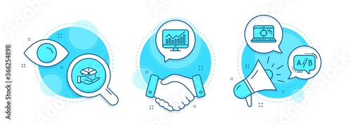 Seo laptop, Ab testing and Statistics line icons set. Handshake deal, research and promotion complex icons. Hold box sign. Search engine, Test chat, Financial report. Delivery parcel. Vector