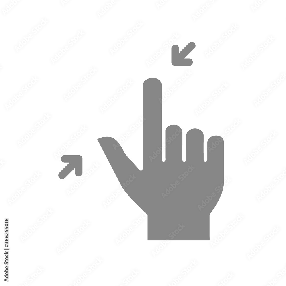 Pinch with two fingers grey icon. Touch screen hand, reduce the size gesture symbol Pinch with two fingers grey icon. Touch screen hand, reduce the size gesture symbol