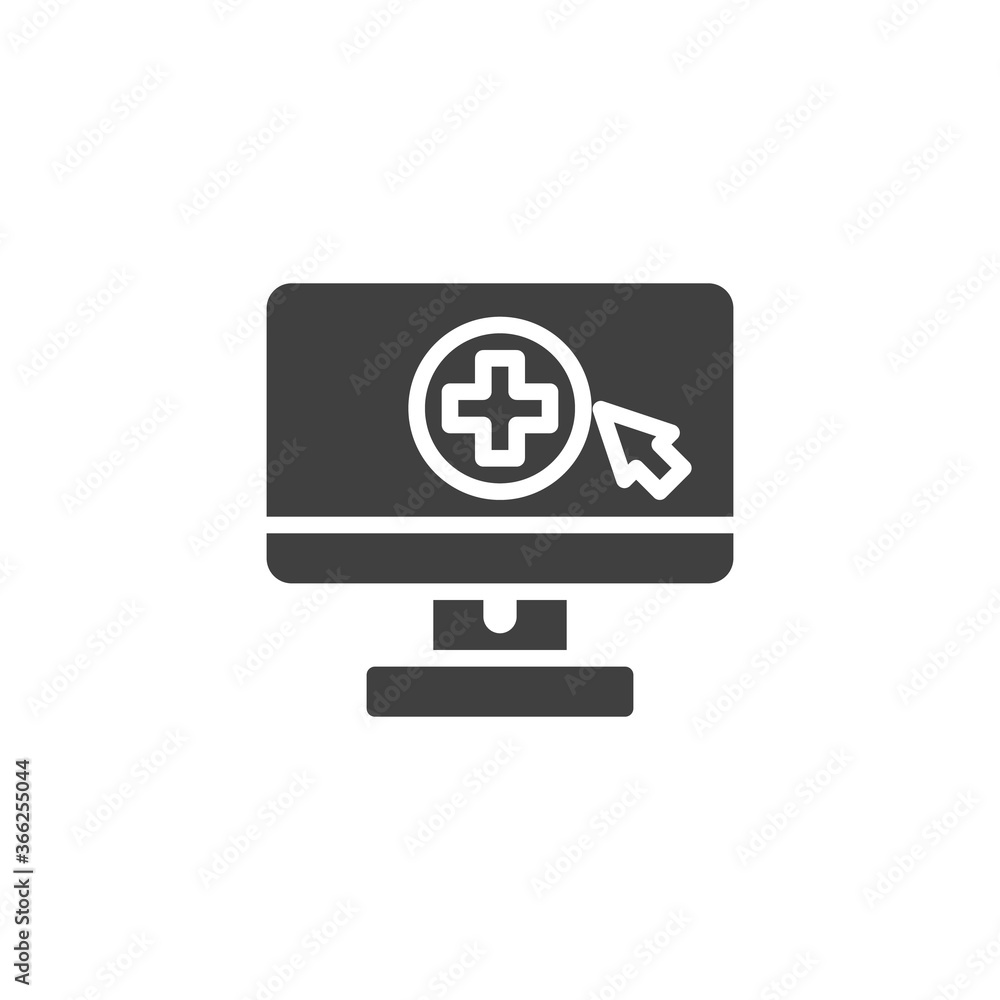 Online Aid vector icon. filled flat sign for mobile concept and web design. Monitor with medical cross glyph icon. Symbol, logo illustration. Vector graphics Online Aid vector icon. filled flat sign for mobile concept and web design. Monitor with medical cross glyph icon. Symbol, logo illustration. Vector graphics
