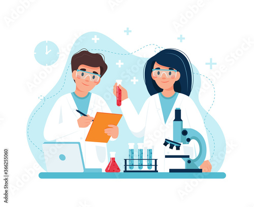 Scientist at work, characters conducting experiments in lab. Vector illustration in flat style © Biscotto Design